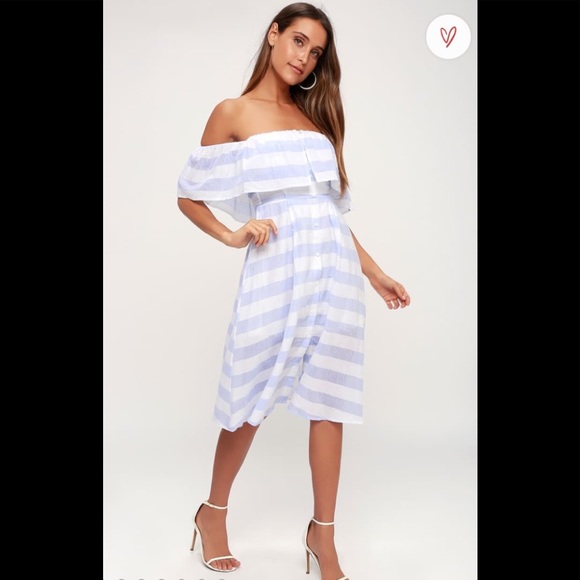 Lulu's Blue & White Striped Off The Shouler Midi - Picture 1 of 16